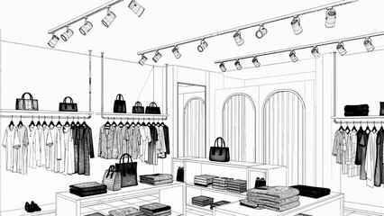 Interior Design of a Modern Retail Store with Clothing and Accessories Displayed on Shelves and Racks under Bright Lighting