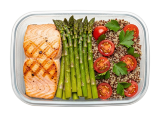 Healthy meal prep salmon and quinoa kitchen food clean isolated on transparent background