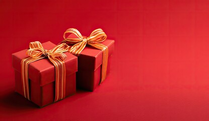 Two rectangular red gifts with striped gold ribbon bows sit against a vivid red background