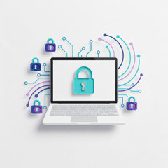 Endpoint security and multi-layered data encryption for mobile devices. 3D paper cut illustration of a laptop surrounded by digital locks and connection lines for secure web browsing.