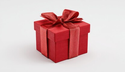 Obraz premium A square red gift box tied with a matching ribbon and bow, on a plain white backdrop (1)