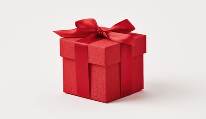 Fototapeta premium A red square present box with matching ribbon and bow, set against a plain background