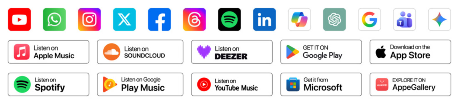 Social Media icons, App Store & Google Play Badge Pack including App Store, Google Play, Galaxy Store, Amazon, Microsoft labels, plus social media icons for Instagram, Facebook, LinkedIn, TikTok