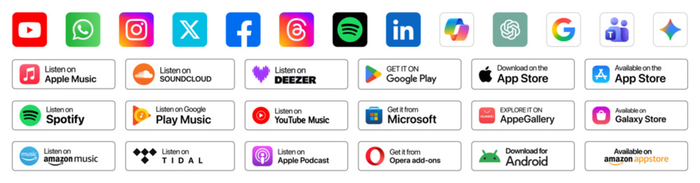 Social Media icons, App Store & Google Play Badge Pack including App Store, Google Play, Galaxy Store, Amazon, Microsoft labels, plus social media icons for Instagram, Facebook, LinkedIn, TikTok