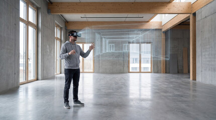 A person wearing a virtual reality headset interacts with a wireframe model of a building inside an empty, modern, and spacious room with large windows.