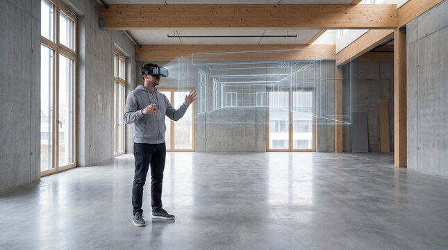A person wearing a virtual reality headset interacts with a wireframe model of a building inside an empty, modern, and spacious room with large windows. - Powered by Adobe