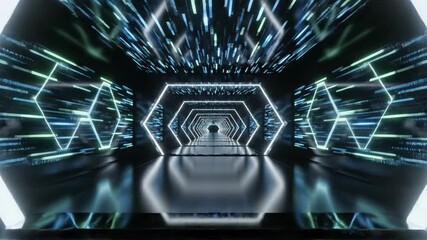 AI data flow hexagon tunnel with neon frames and fast streaming particles. AI concept. - Powered by Adobe