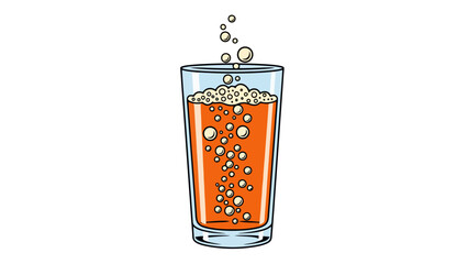 Orange bubbly beverage in a tall clear glass with foam and rising bubbles, refreshing drink illustration