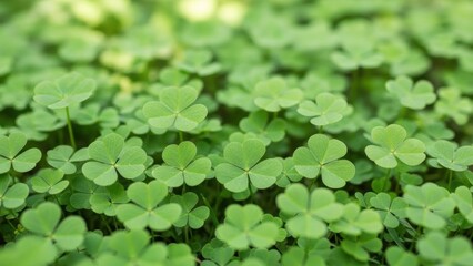 Close up of green three leaf clover field. Symbol of luck and success for St. Patricks Day celebration or fortune concept.