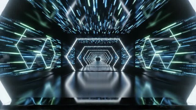 AI data flow hexagon tunnel with neon frames and fast streaming particles. AI concept.