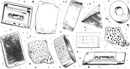 Black and white of vintage cassette tapes and smartphone with torn paper scraps audio music