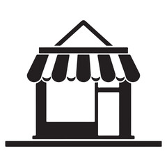  Simple black icon of a traditional storefront with an awning and a large display window