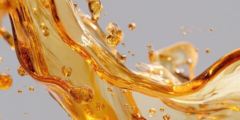 Close-up of amber liquid splash, with droplets, against a soft, grey background