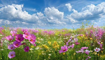 Obraz premium Lush wildflower meadow bathed in sunlight, vibrant blossoms beneath a bright blue sky