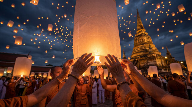 Monks and locals release glowing sky lanterns into the twilight sky, celebrating the Yi Peng festival near an ancient temple in Ayutthaya, Thailand.