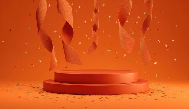 Rendered scene features a two-tiered platform with falling ribbons and confetti in an orange setting - Powered by Adobe