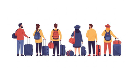 Diverse illustration of a group of people with various luggage, viewed from the back, ready for international travel. © Mariya