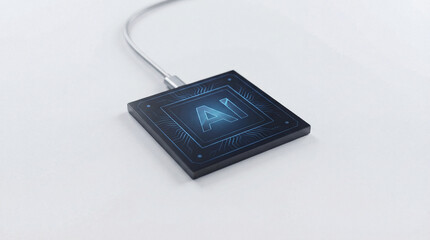 An abstract display presents a sleek, dark square adorned with a luminous 'AI' insignia, connected by a silvery cord, symbolizing advanced technology on a light background.