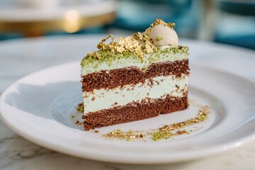 Close-up of layered cake slice, chocolate sponge, green cream, gold leaf garnish, on white plate