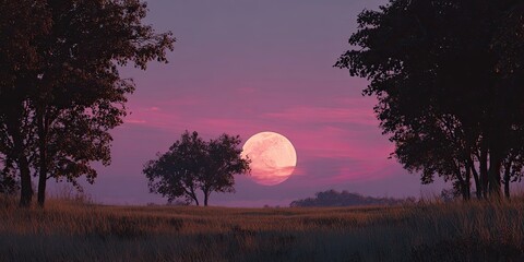 A serene meadow at dusk under a pink sky, a large moon illuminates the scene, framing trees