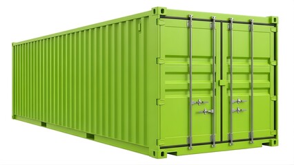 Lime Green Cargo Shipping Container Perspective View with Closed Doors Isolated on White Background