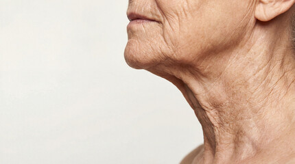 Close-up presents the neck and lower face of an aged woman. Her skin reveals the lines and texture of time, showing the enduring beauty of natural aging.