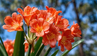 Close-up of vibrant orange flowers blooming with lush green leaves and blue sky background