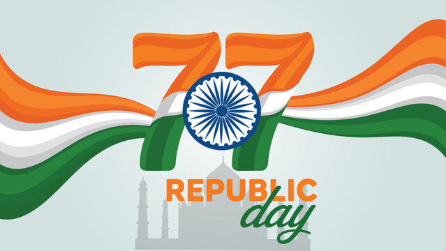 77th Indian Republic Day celebration design with flowing tricolor waves number typography and ashoka chakra for national pride greeting banner poster vector illustration