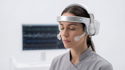 A serene woman wearing a futuristic headset appears to be undergoing brain monitoring in a brightly lit, clinical setting. A screen displaying data sits in the background.