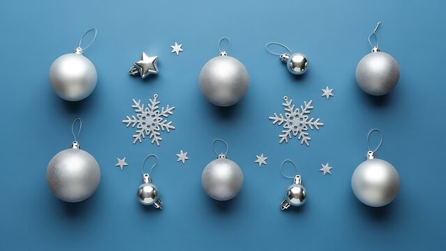 Red and gold glass Christmas ball ornaments with silver snowflakes hang against a winter white and blue background for a festive December holiday celebration card design