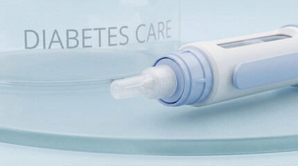 A Diabetes Care syringe, in white and blue, lies on a clean glass surface. Gentle illumination highlights the importance of medical devices in healthcare management.
