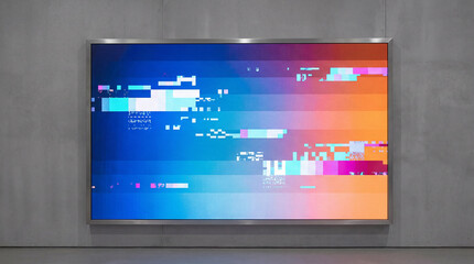 A screen showcases a mesmerizing display of colorful static and glitch art, transitioning from cool blues to warm oranges, creating a striking visual paradox.