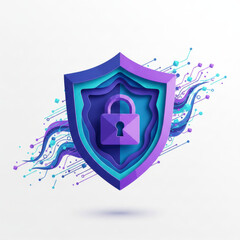 3D isometric illustration of a purple shield with a padlock and robotic neural connections, symbolizing AI cybersecurity, machine learning privacy, and intelligent data defense.