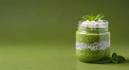 Matcha chia pudding with coconut cream