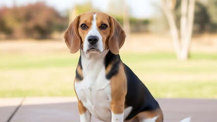 Cute Beagle Dog Sitting Outdoors.