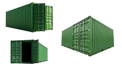 Dark Green Cargo Shipping Container Mockup Set with Open and Closed Doors Isolated on White