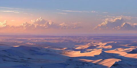 A vista of a snowy landscape and cloudy skies at sunset or sunrise