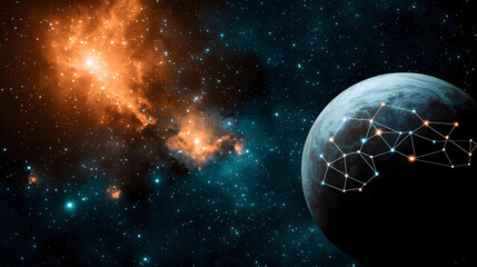 Obraz premium Stunning cosmic scene featuring distant planet surrounded by stars and vibrant nebula. celestial colors evoke sense of wonder 