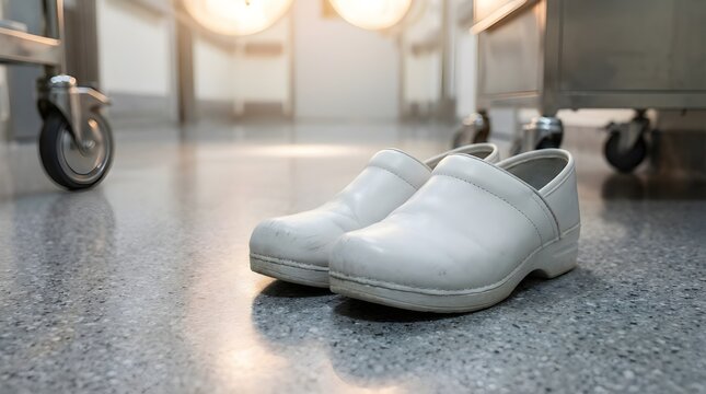 Comfortable white clogs on speckled floor in hospital clinical shoes 