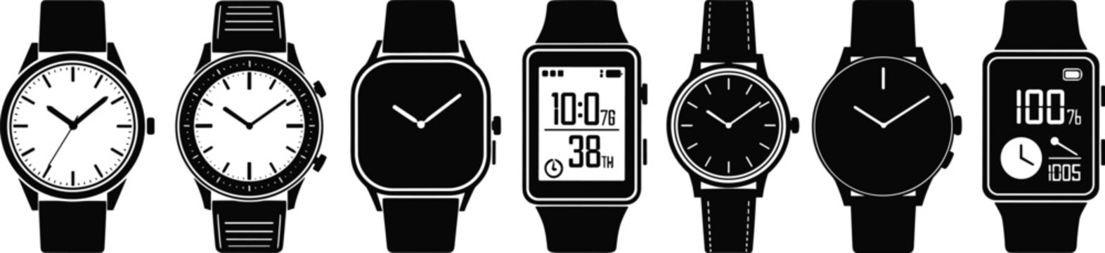 Collection of various wristwatch silhouettes including analog digital and smart watches cad drawing flat vector illustration for fashion and technology