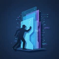 Futuristic silhouette of a figure interacting with layers of glowing digital screens and data interfaces, symbolizing big data management, cybersecurity, and cloud computing technology.