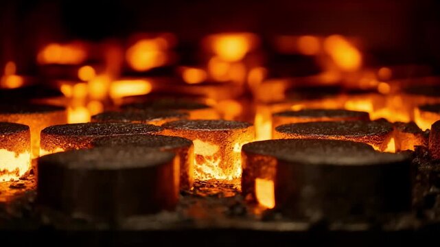 Medium shot focusing on mediumlevel case hardening showing steel components in a controlled carburizing environment with glowing surfaces.