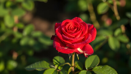 Beautiful red rose blooming in a green garden surrounded by natural leaves. Generated AI