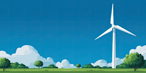 Animated scene of a wind turbine in a green field with trees under a blue sky