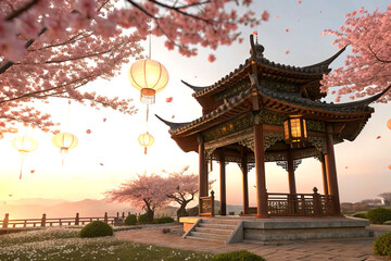 Lantern glow under cherry blossoms