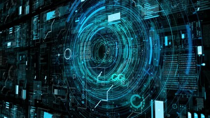 Futuristic digital interface with glowing blue circular H U D and data streams showcasing technology and innovation for science and business applications - Powered by Adobe
