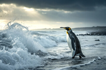 Fototapeta premium King penguin in crashing waves
