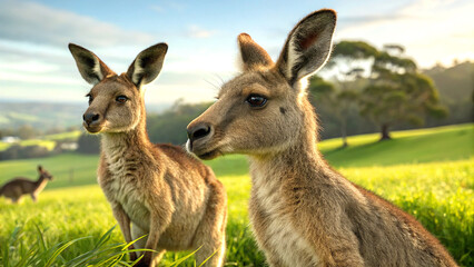 Kangaroos grazing in sunlight