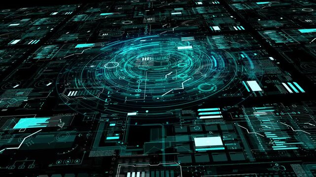 Futuristic digital interface with glowing blue data streams and circular H U D displaying complex information and analytics in a dark technological environment