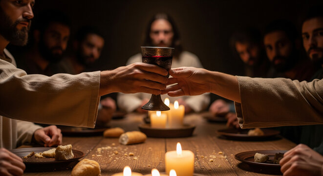 The Last Supper: Hands Passing the Chalice of Wine with Jesus and Disciples in Candlelight Biblical AI